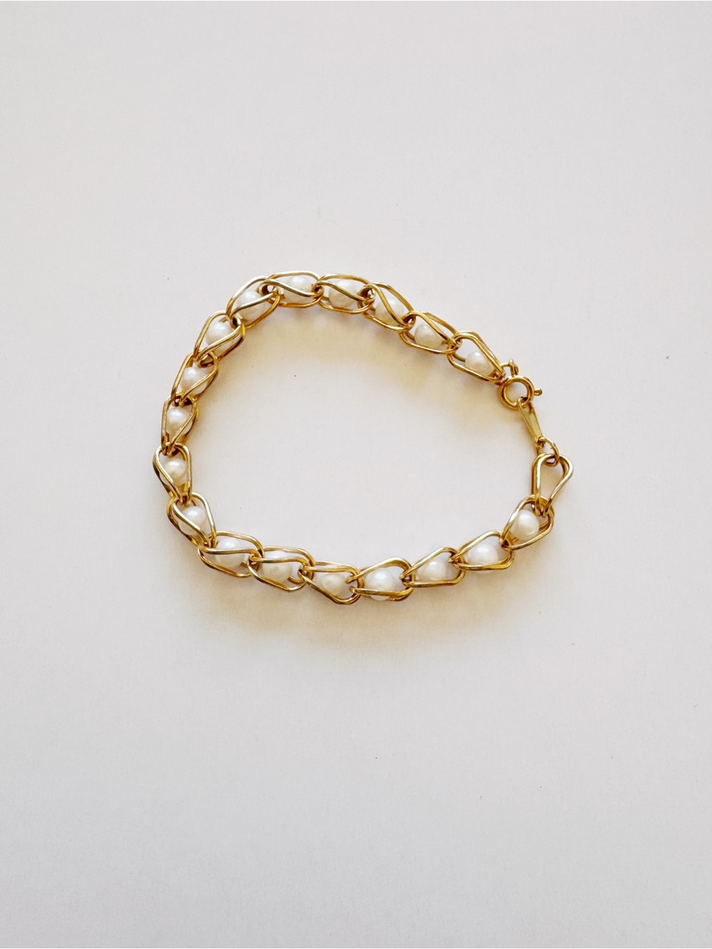 Gold Chain Bracelet with White Pearl Links